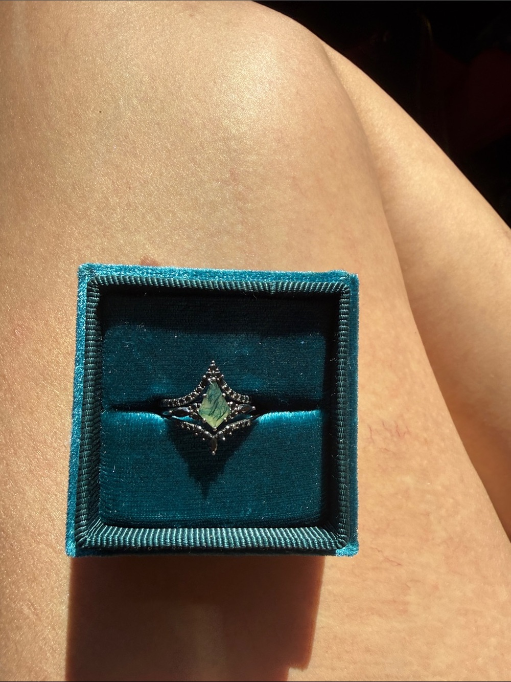Moss Agate/Black Gold engagement, wedding set.